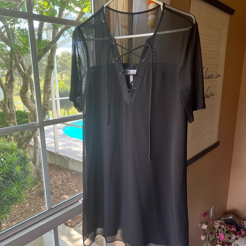 BCBGeneration Black Lace Up Mesh Swing Mini Dress